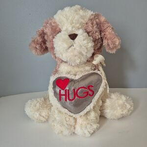 Dan Dee Light Brown White Stuffed Plush Soft Hugs Hearts Sitting Dog Toy 11 IN